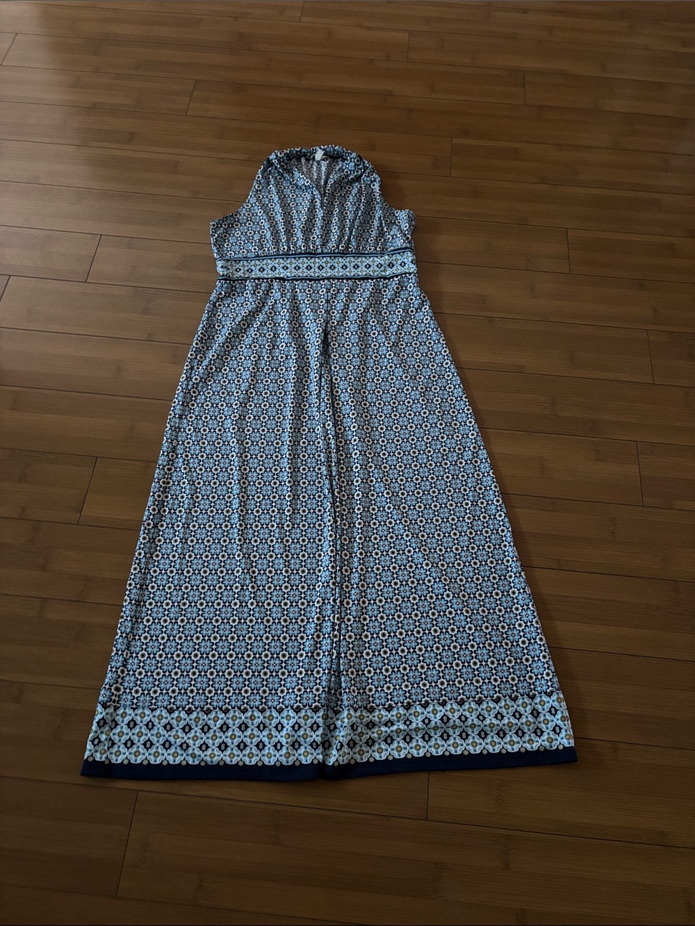 Max Studio Blue and White Geometric Halter Maxi Dress